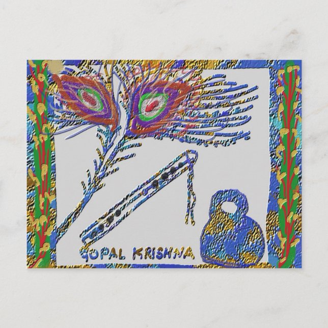 Cartão Postal Peacock Feather and Flute - Hare Krishna (Frente)