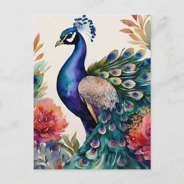 Cartão Postal Peacock Floral Watercolor Art (Frente)