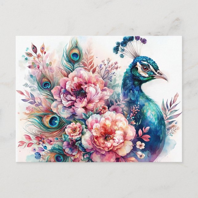 Cartão Postal Peacock Floral Watercolor Retrato (Frente)