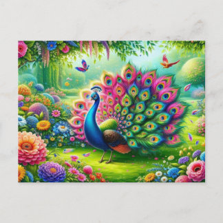 Cartão Postal Peacock vibrante em pintura de jardim fantasia