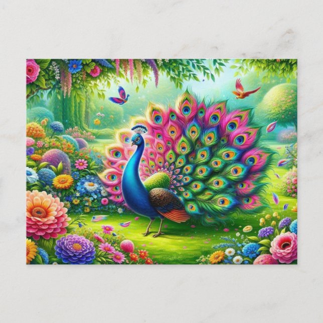 Cartão Postal Peacock vibrante em pintura de jardim fantasia (Frente)