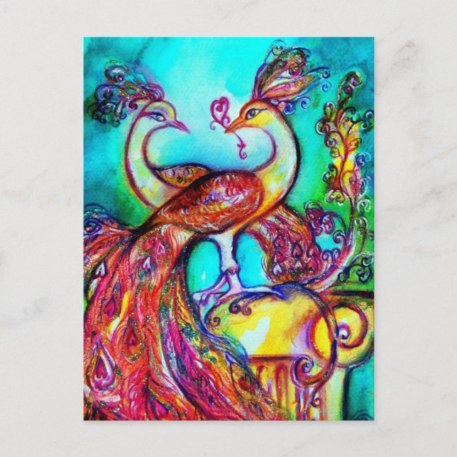 Cartão Postal PEACOCKS NO AMOR MONOGRAMA vermelho azul-turvo (Frente)