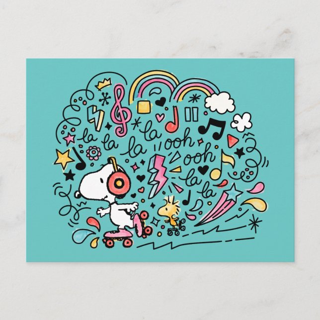 Cartão Postal Peanuts | Snoopy & Woodstock Patinação de Roller (Frente)