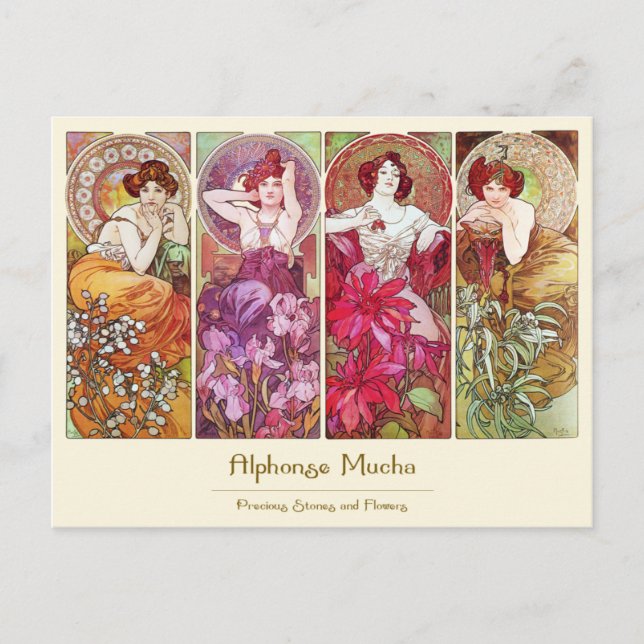 Cartão Postal Pedras e Flores preciosos, Alphonse Mucha (Frente)