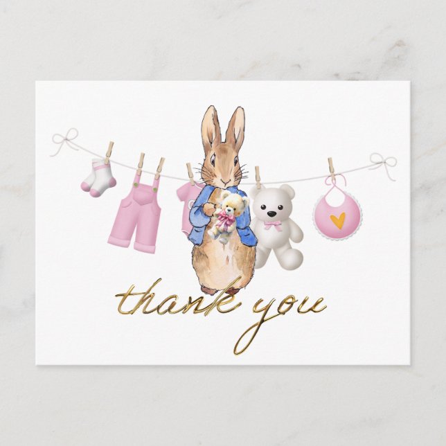 Cartão Postal Pedro o coelho com gratidão de bandeirinhas cor-de (Frente)