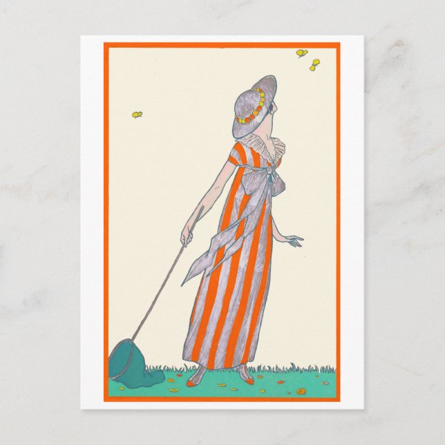 Cartão Postal Pegar Borboletas George Barbier Moda Francesa (Frente)