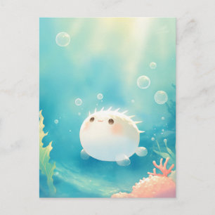 Cartão Postal Peixe-Balão Fofo no Oceano Tropical Luminoso