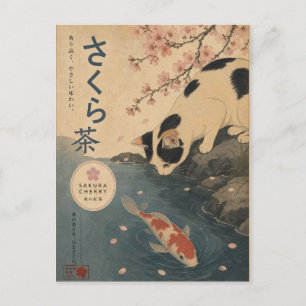 Cartão Postal Peixe Koi Japonês Arte de Gato Vintage Sakura Retr