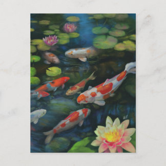 Cartão Postal Peixe Koi Nadando Lotus Flower Pond Zen Paisagem