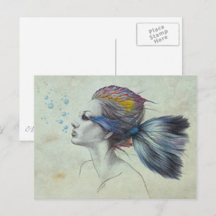 Cartão Postal Peixe-mulher Retrato da sereia Arte de desenho sur