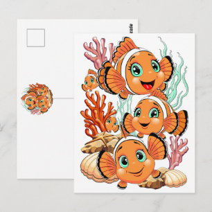 Cartão Postal Peixe palhaço Desenho animado Fofo Família Subaquá