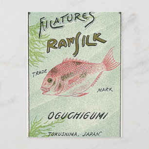 Cartão Postal Peixe Vintage Rótulo de Seda Japonês