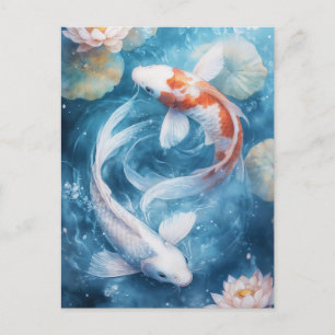 Cartão Postal Peixes Koi Brancos e Laranjas Girando em um Lago d