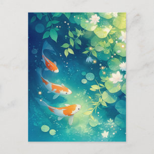 Cartão Postal Peixes Koi Nadando no Jardim Aquático do Lago de L