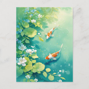 Cartão Postal Peixes Koi Nadando no Jardim de Água Esmeralda Ver