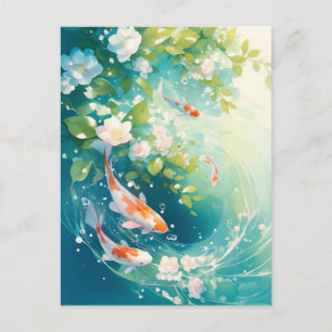 Cartão Postal Peixes Koi Nadando no Jardim de Água Floral Turque