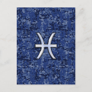 Cartão Postal Peixes modernos Símbolo Zodiac Marinho Azul Camo 