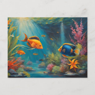 Cartão Postal Peixes Tropicais no oceano com coral e algas marin