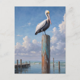 Cartão Postal Pelicano em um polo de doca de tempo