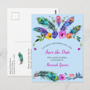 Cartão Postal Penas e flores de peacock Quinceañera Baby Blue