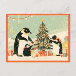 Cartão Postal Penguin Family Decorating Christmas Tree Postcard