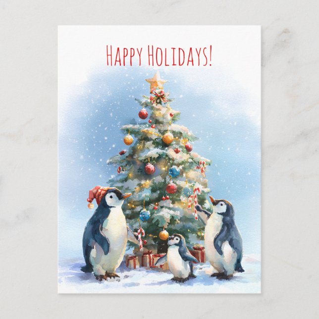 Cartão Postal Penguin family joyfully decorating a Christmas tre (Frente)