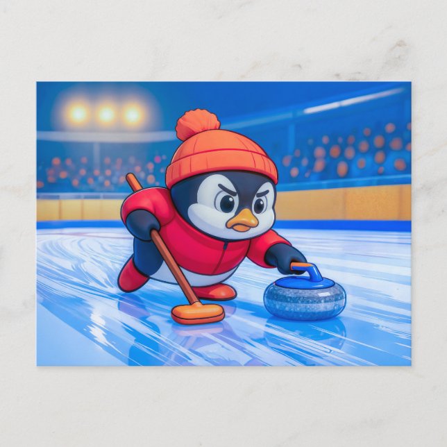 Cartão Postal Penguin Playing Curling on an Icy Winter Rink (Frente)