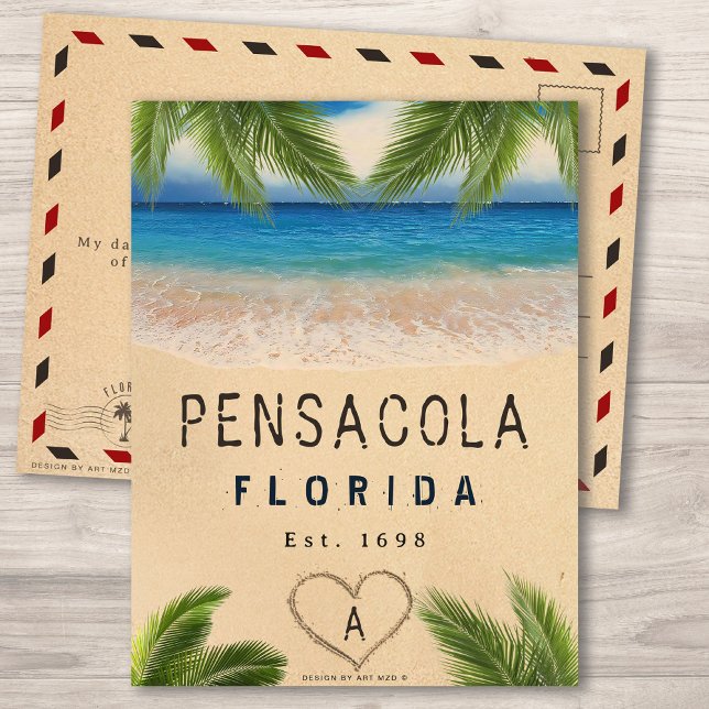 Cartão Postal Pensacola Beach Florida Sand Tropical Palm Folaves (Criador carregado)