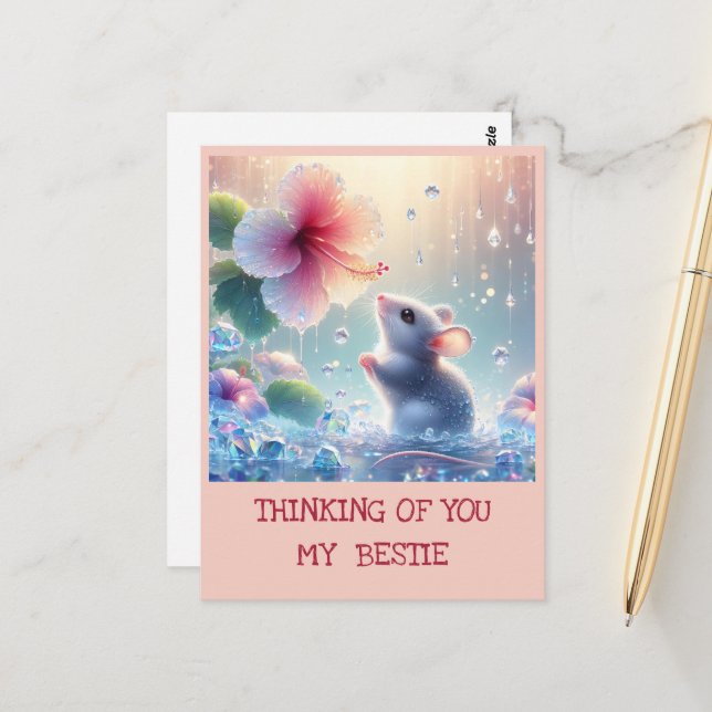 Cartão Postal Pensando em você Flor de Rosa Encantada Rato Místi (Frente/Verso In Situ)