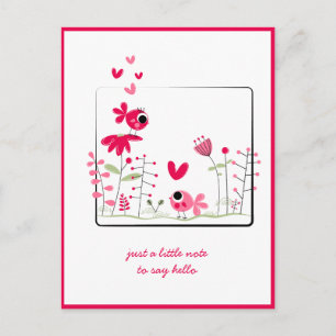 Cartão Postal Pensando em Você Pink Whimsical Pássaros Rosas Flo