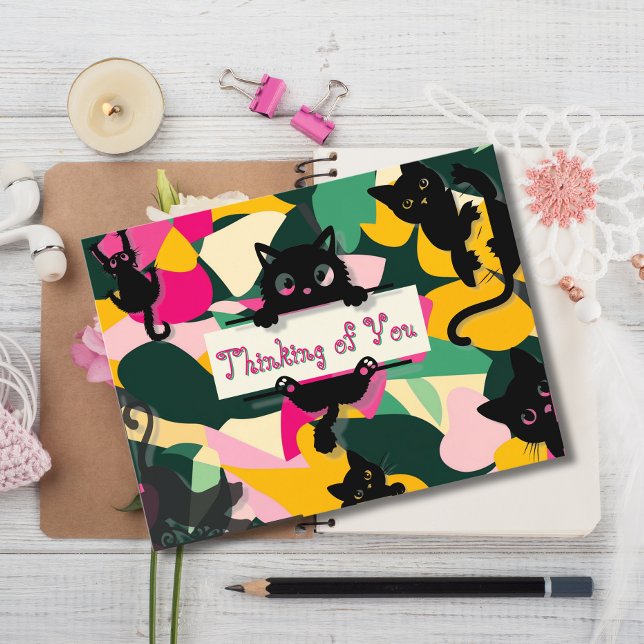 Cartão Postal Pensando em vocês Gatos Whimsical e Florais (Criador carregado)