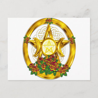 Cartão Postal Pentáculo Wiccan Pagan Dourado com Rosas
