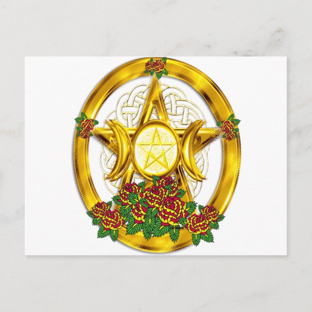 Cartão Postal Pentáculo Wiccan Pagan Dourado com Rosas (Frente)