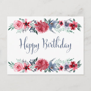 Cartão Postal Peônia Aquarela Feliz Aniversário