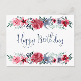Cartão Postal Peônia Aquarela Feliz Aniversário