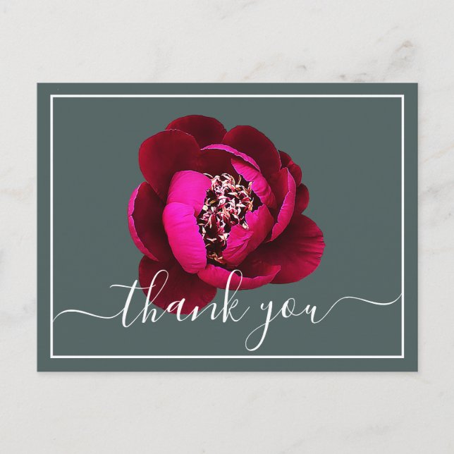 Cartão Postal Peônia Carmesim Fundo Verde Obrigado (Frente)