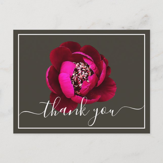 Cartão Postal Peônia Carmesim Fundo Verde Obrigado (Frente)