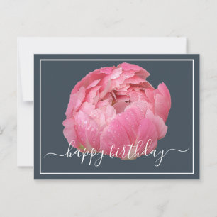 Cartão Postal Peônia Rosa Com Gotículas de Orvalho Fundo Cinza A