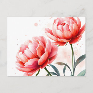 Cartão Postal Peônias de aquarela em coral e pincel