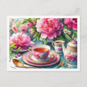 Cartão Postal Peônias e Chá Rosa em Xícara de Chá Festa Floral