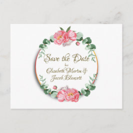 Cartão Postal Peonias Rosa de Aquarela Floral Salvar a Data