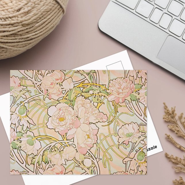 Cartão Postal Peonies Watercolor Alphonse Mucha (Criador carregado)