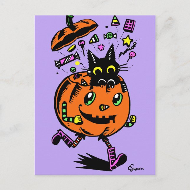 Cartão Postal Peppy Pumpkin e Gatinho Halloween (Frente)
