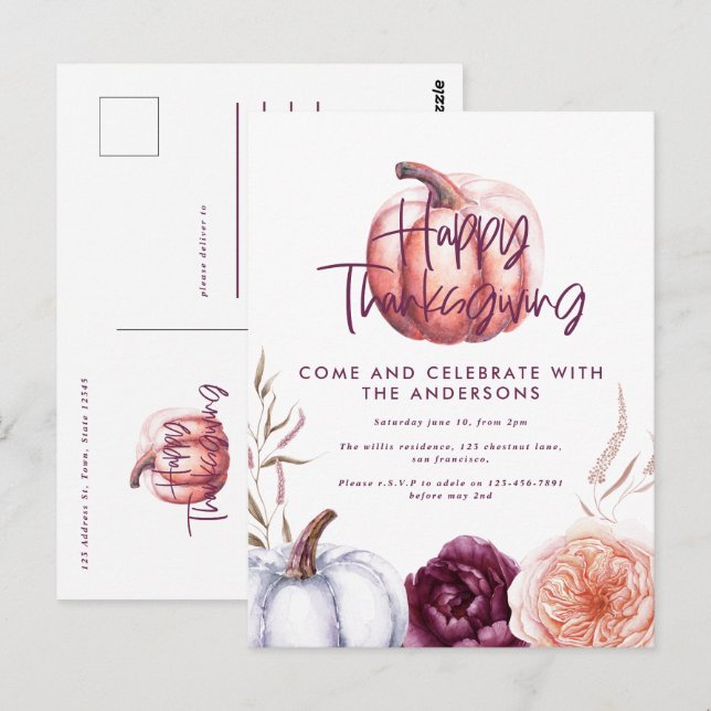 Cartão Postal pequena abóbora floral queda roxa ação de graças (Frente/Verso)