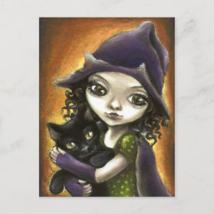 Cartão Postal Pequena bruxa e gatinho preto