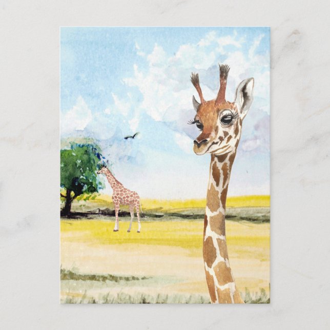 Cartão Postal Pequena e Bonita Girafa África Aquarela (Frente)