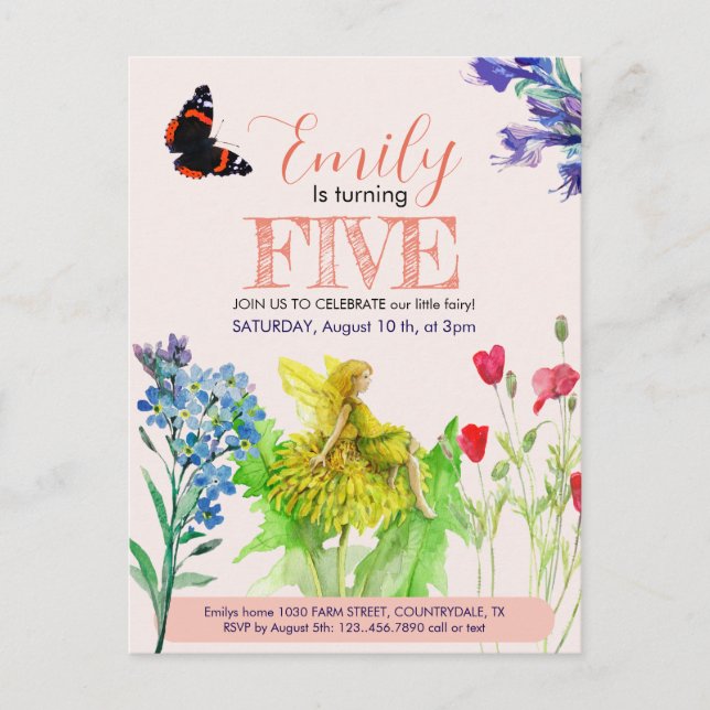 Cartão Postal Pequena fada e flores silvestres (Frente)