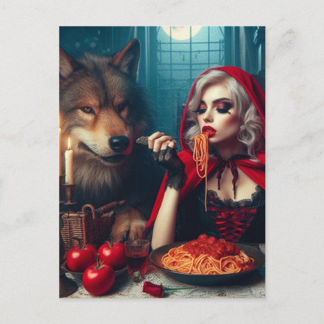Cartão Postal Pequena Fantasia Vermelha de Cabelo Louro Escuro (Frente)