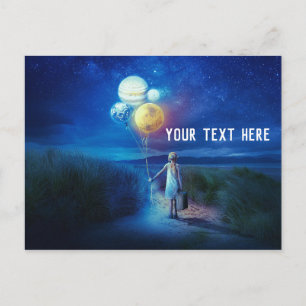 Cartão Postal Pequena Garota Segurando Balões de Planeta