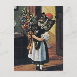 Cartão Postal Pequena Gatinha Com Flores